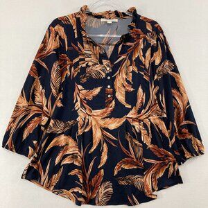 Juniper + Lime Blouse size XL Navy Brown Novelty Leaf Print Stretch Popover